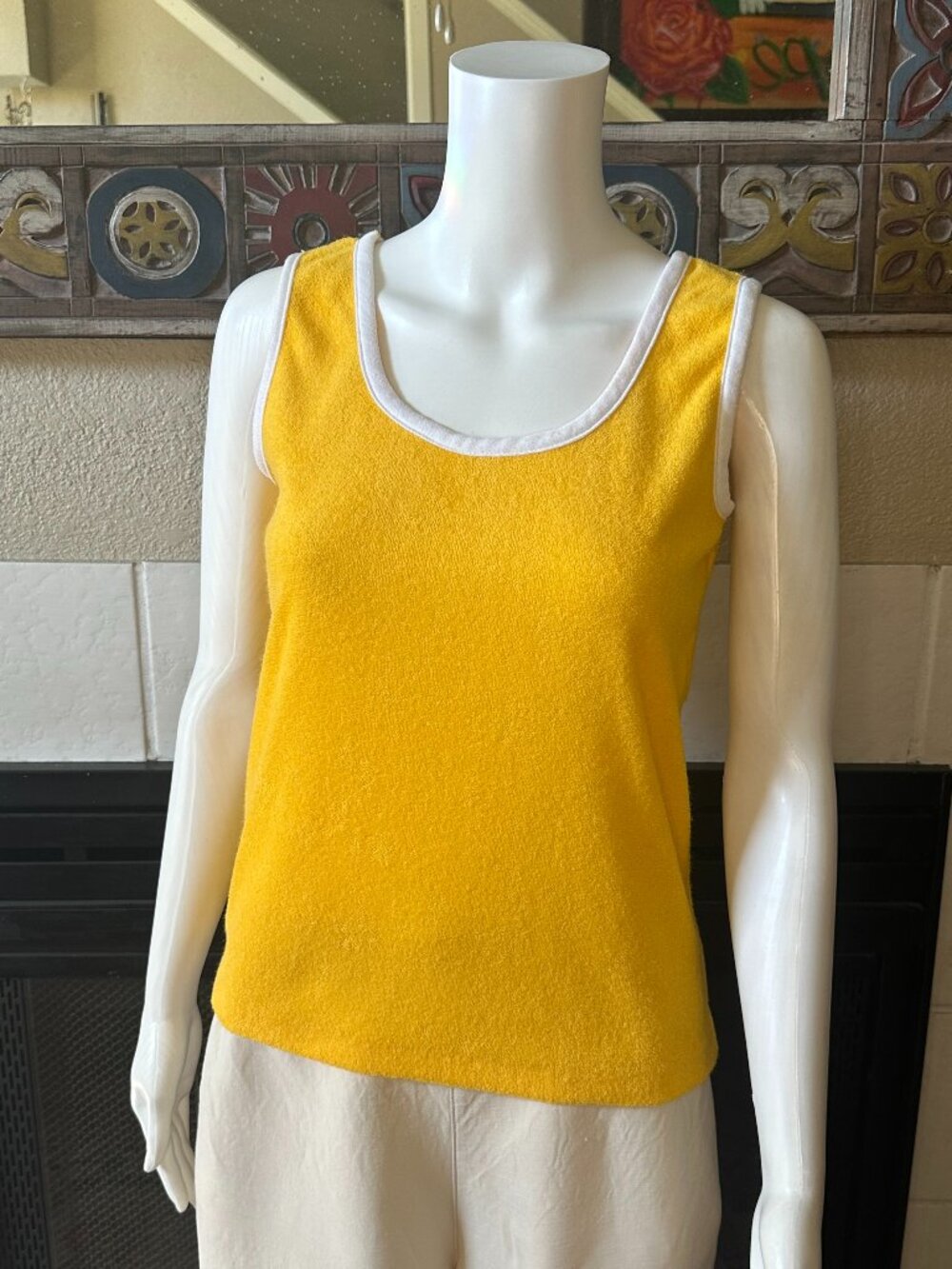 VTG 70s Tank Top Terry Cloth Yellow Hippie Gym Beach armpit to armpit 32" Medium